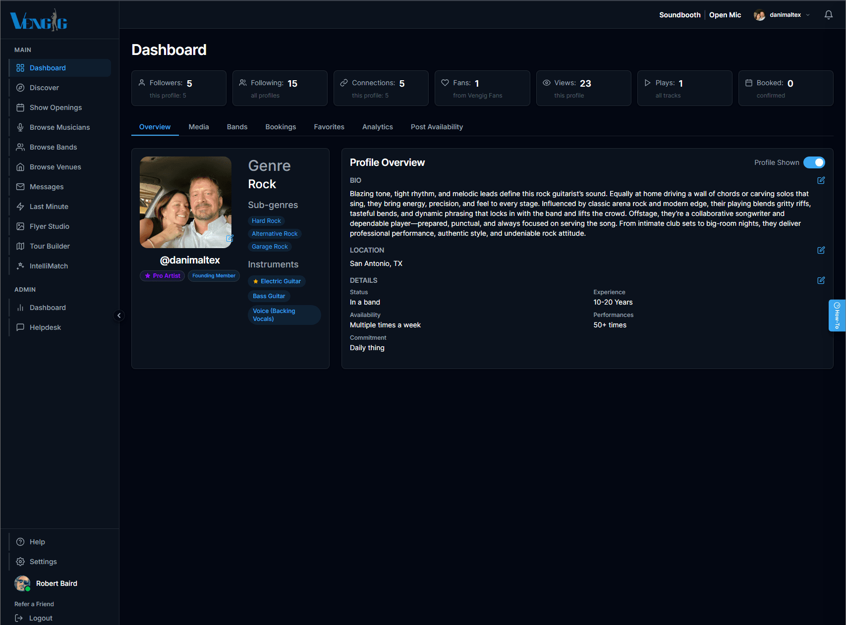 The Vengig artist dashboard showing follower, connection and booking counters above a profile overview with bio, location and availability.