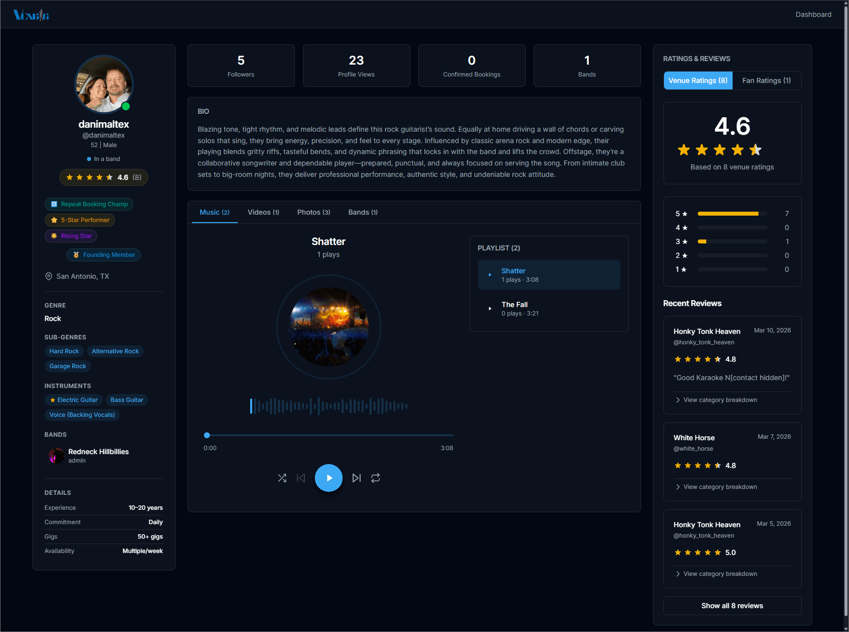 A public Vengig artist profile with a playable track list, genre and instrument tags, and a venue ratings panel.