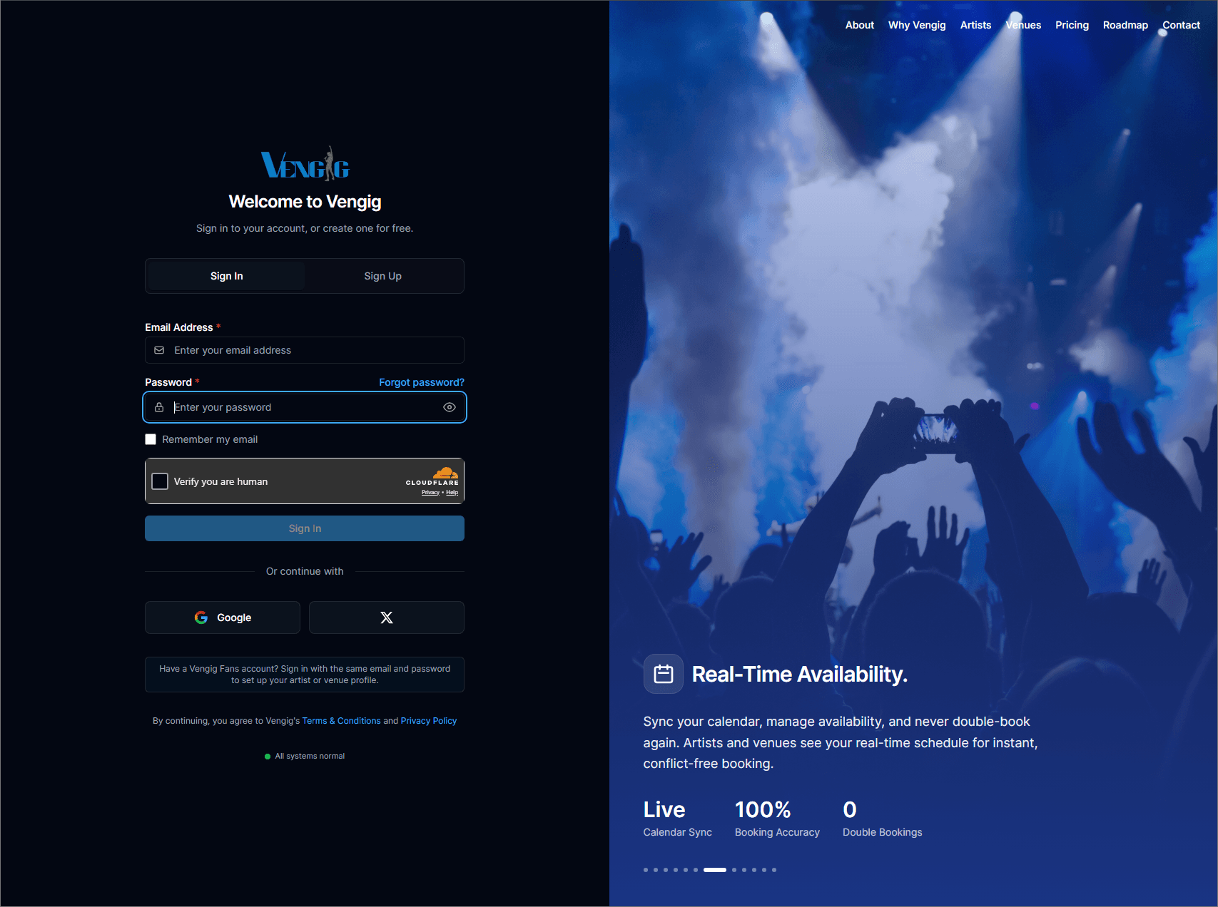 The Vengig sign-in screen: email and password fields with a Cloudflare human-verification widget and Google and X sign-in buttons, beside a photograph of a lit concert crowd.