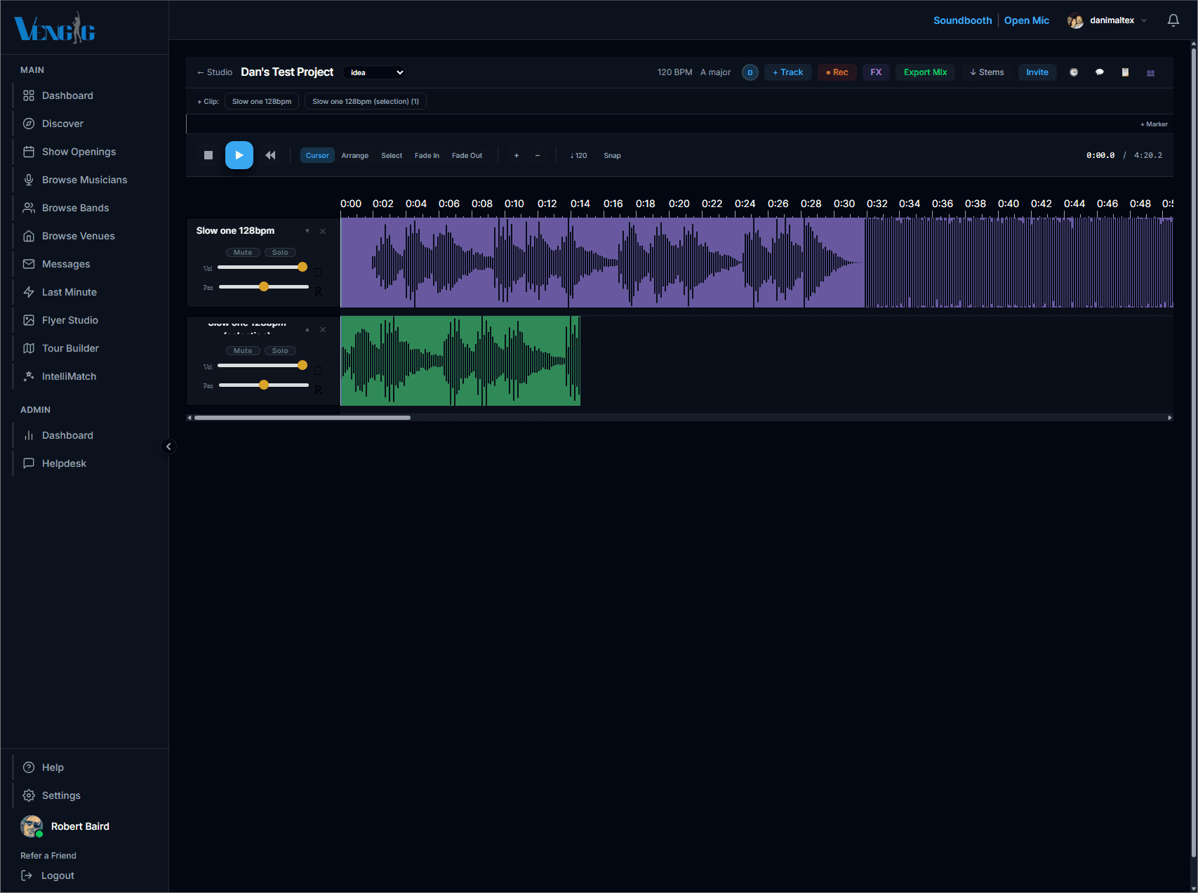 The Vengig Soundbooth studio: two stacked audio tracks with waveforms on a timeline, transport controls, and per-track volume and pan faders.